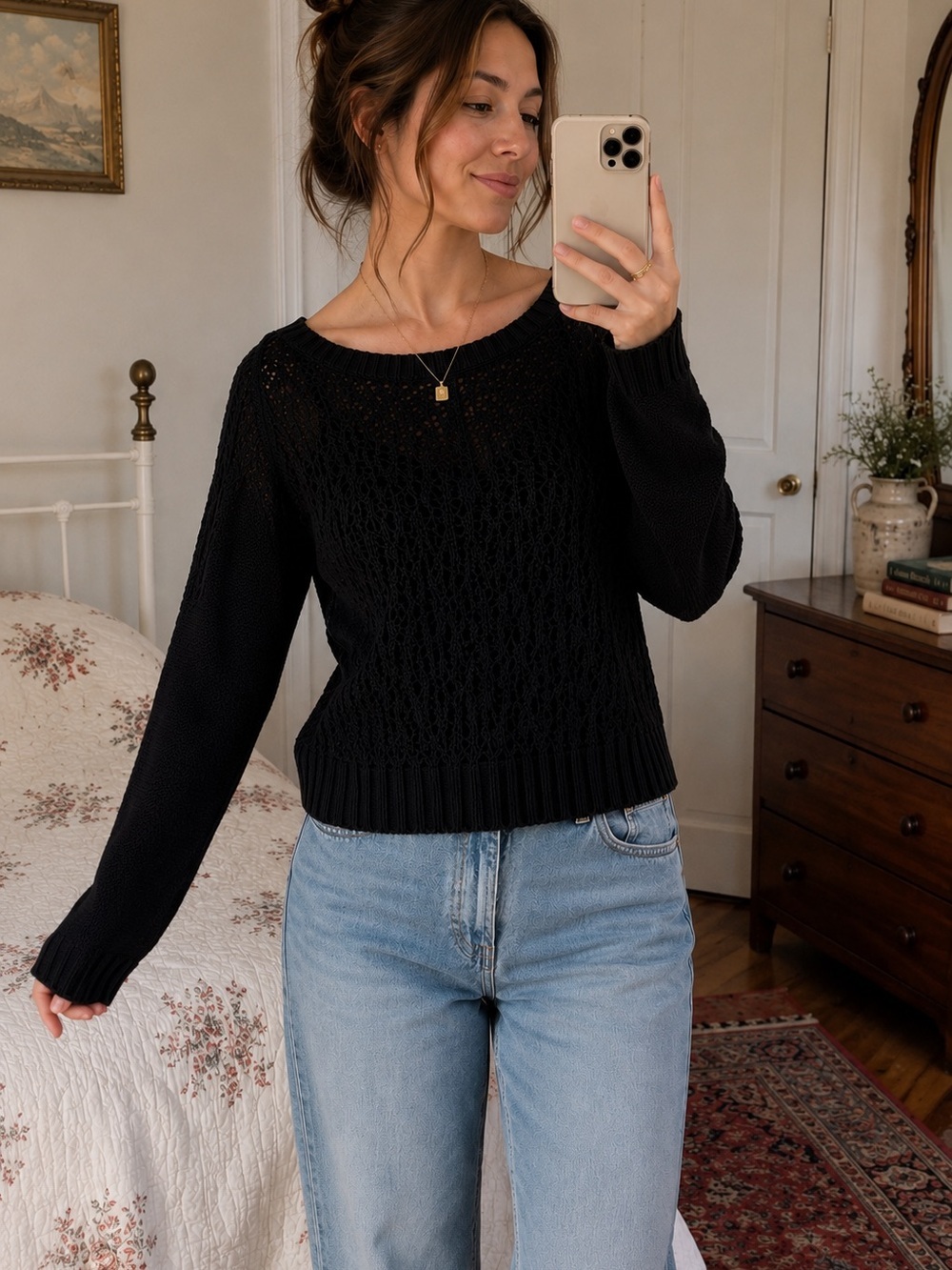American Eagle Black Cotton Open Knit Sweater Medium Boho Cottagecore Mininalist